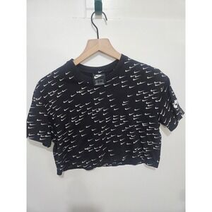 Nike‎ Women Black All Over Mini Swoosh Print Cropped T-Shirt Size Small